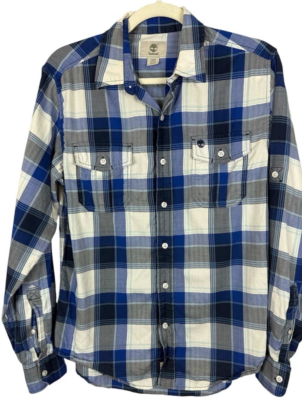 Timberland Slim Fit Plaid Button Down Shirt Blue Gray White Medium Cotton